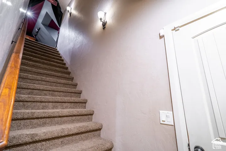 Staircase featuring carpeted treads, a wood-finish handrail, and wall-mounted sconces