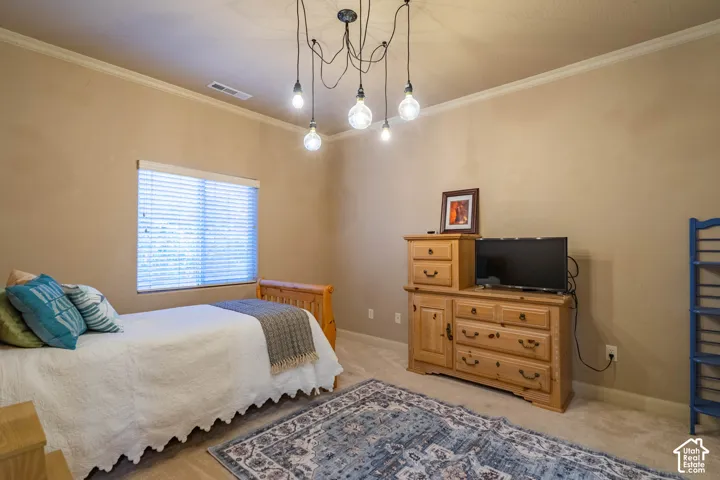 Crown molding, neutral wall color, window with blinds, ceiling-mounted light fixture, and carpeted flooring