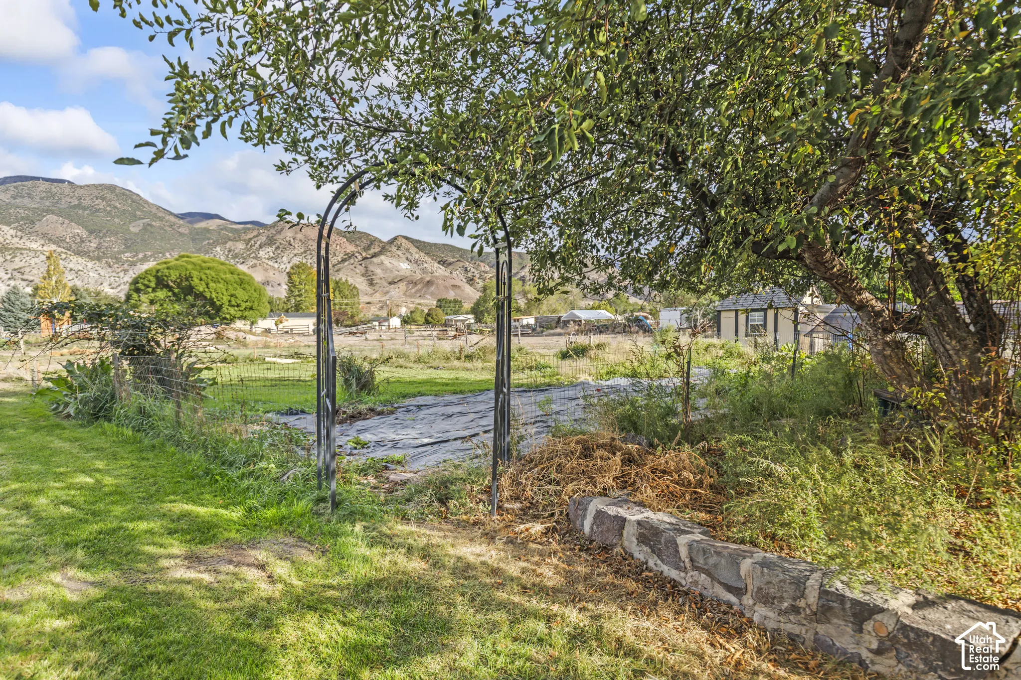 Expansive outdoor space featuring a metal garden arch, a stone border, and mature trees