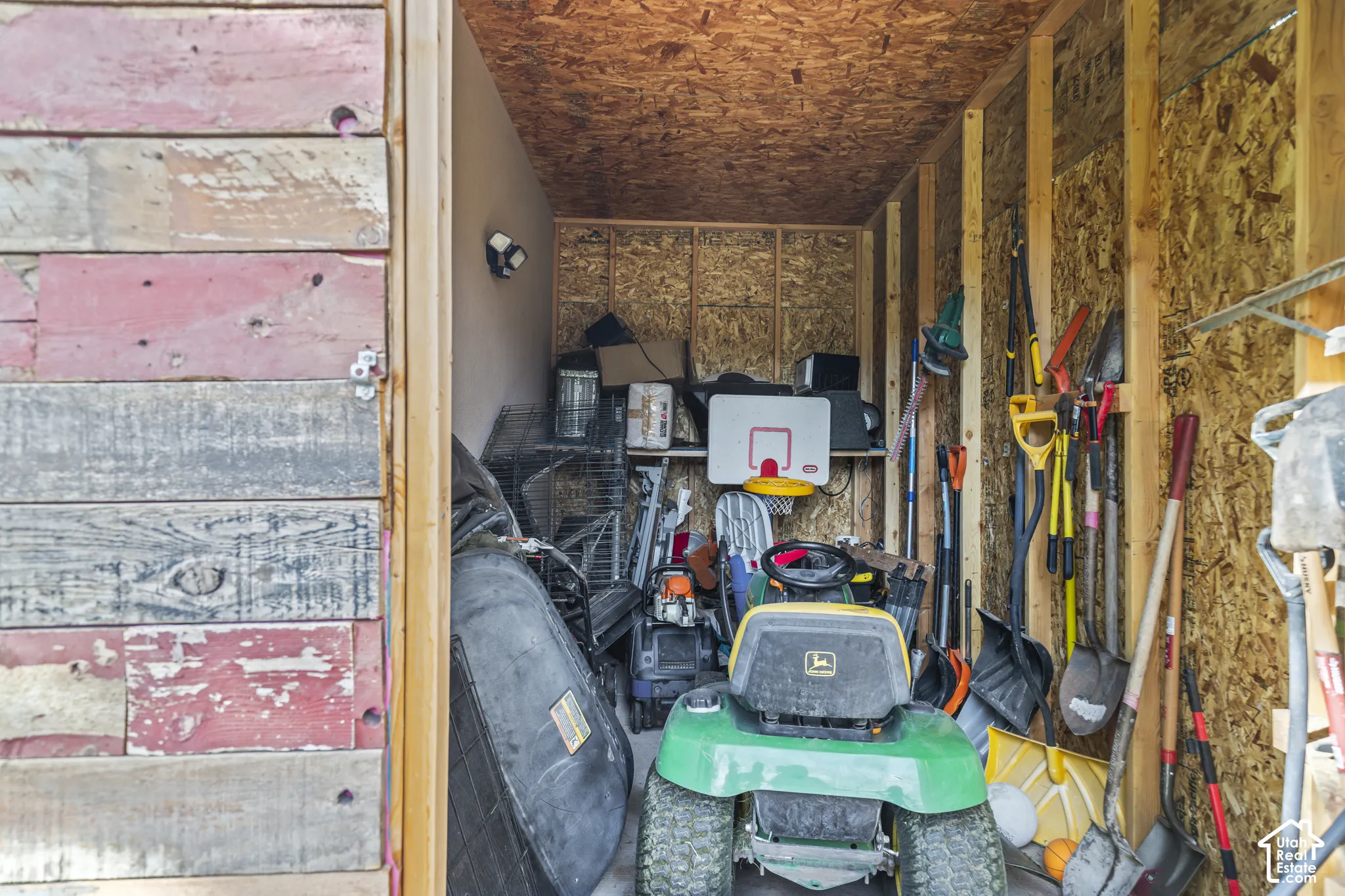 Wood-paneled shed interior with exposed wall studs and built-in shelving