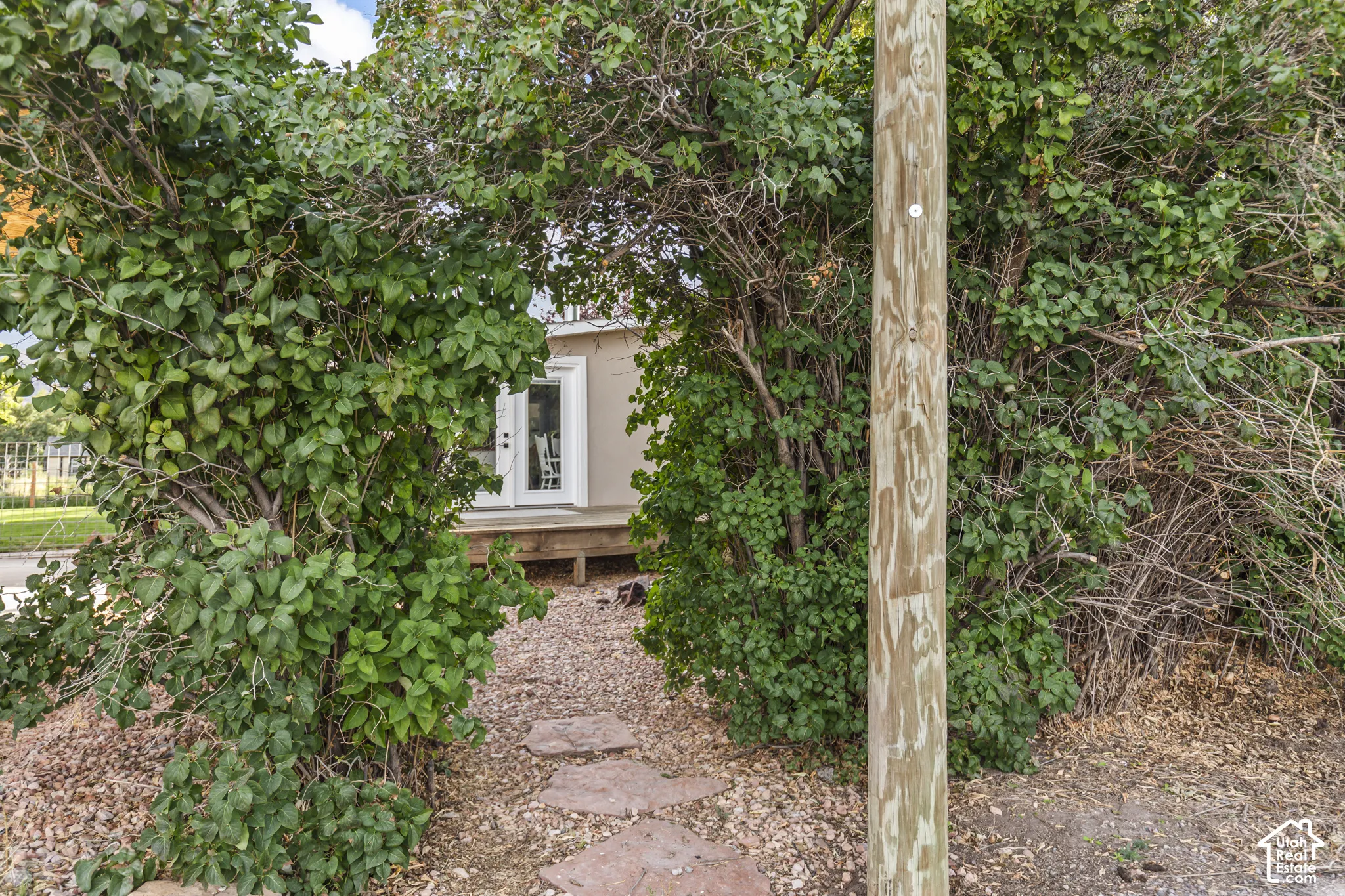 Stone paver walkway with gravel ground cover, surrounded by dense green shrubbery