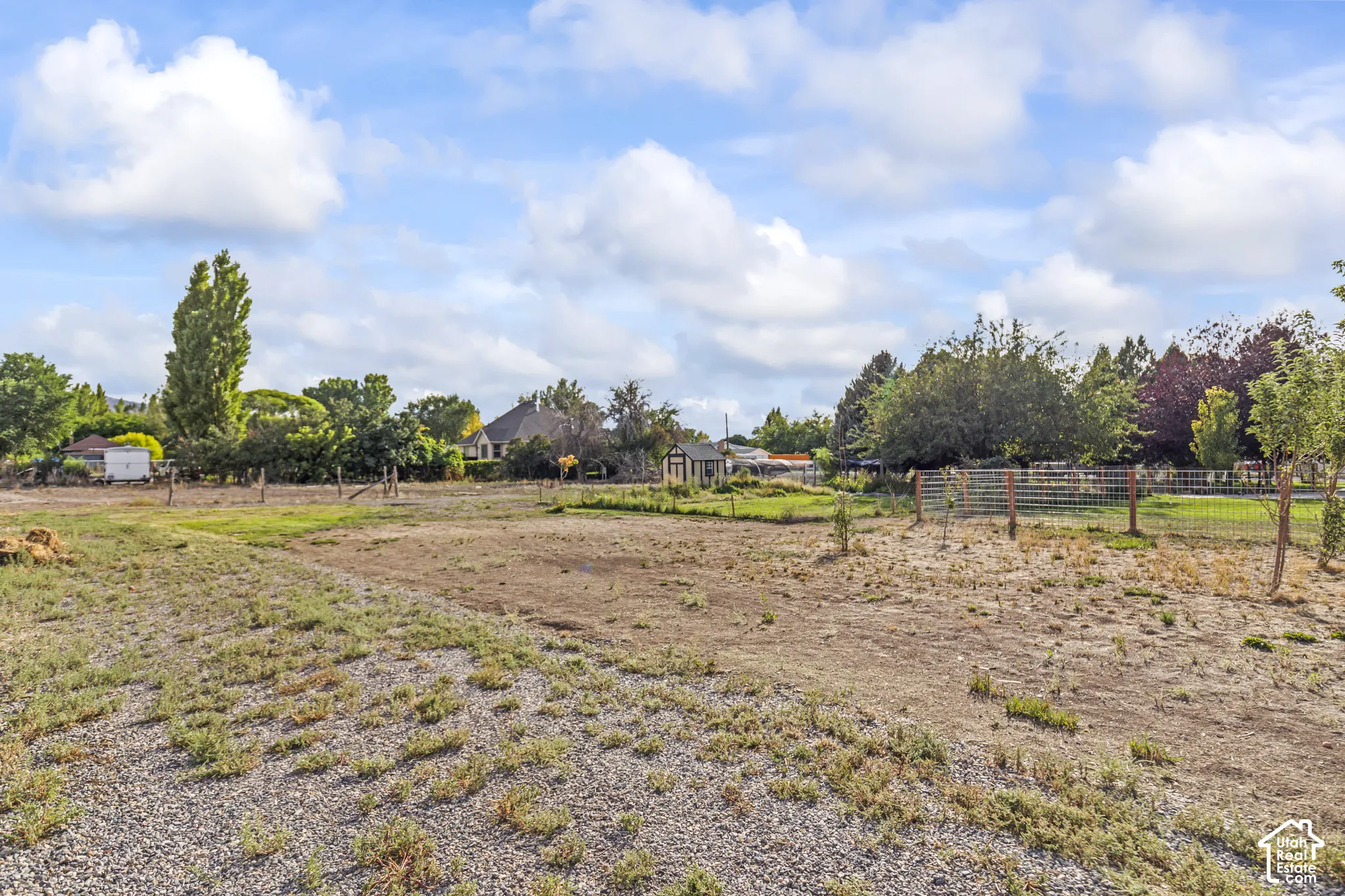 Expansive land parcel with partial fencing and established perimeter trees
