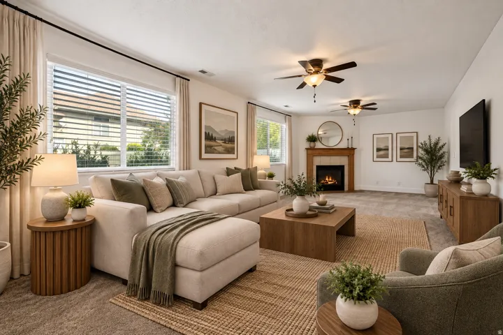 Virtually staged:Spacious living area featuring carpeted flooring, multiple windows with blinds, a fireplace with a wood mantle and tile surround, and built-in ceiling fans