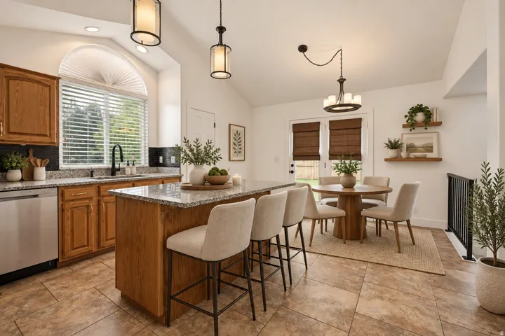 Virtually staged:Kitchen featuring wood cabinetry, granite countertops, and stainless steel appliances