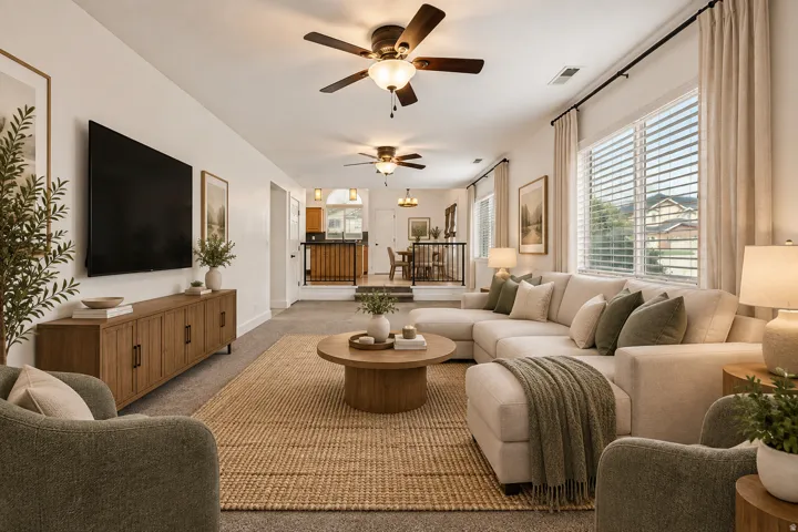 Virtually staged:Open-concept living area with integrated ceiling fans, recessed lighting, and large windows with horizontal blinds
