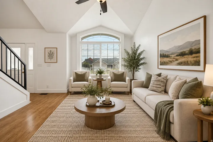 Virtually staged: Vaulted ceilings, wood-finish flooring, and a large arched window with blinds