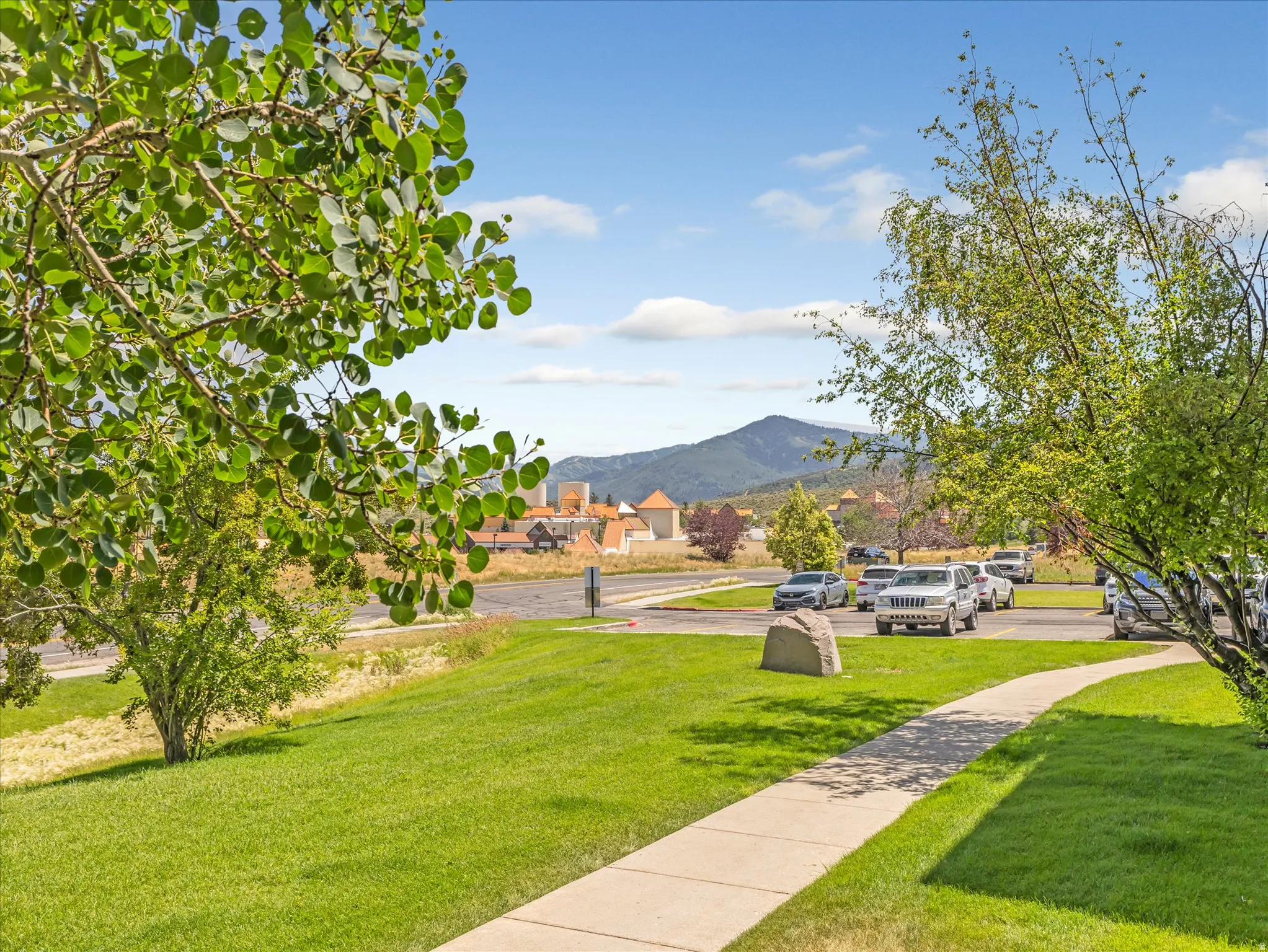 Manicured lawn with mature trees and a paved walkway