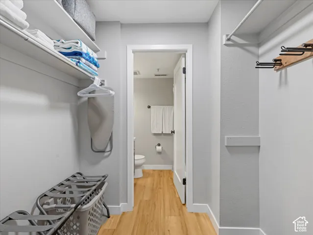 Dedicated utility space with built-in shelving, hanging rods, and wood-finish flooring