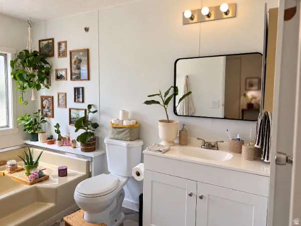 White vanity with an integrated sink and brushed nickel faucet, framed mirror with a polished chrome light fixture, and a built-in bathtub with a tile surround