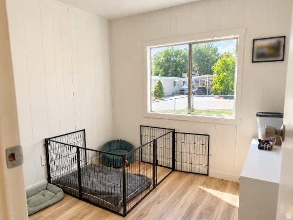 Panel-style wall covering, wood-finish flooring, and a large window providing ample natural light
