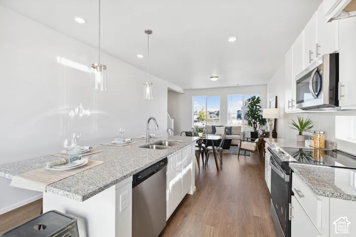 Kitchen featuring an island with ample counter space, stainless steel double basin sink, integrated dishwasher, and pendant lighting