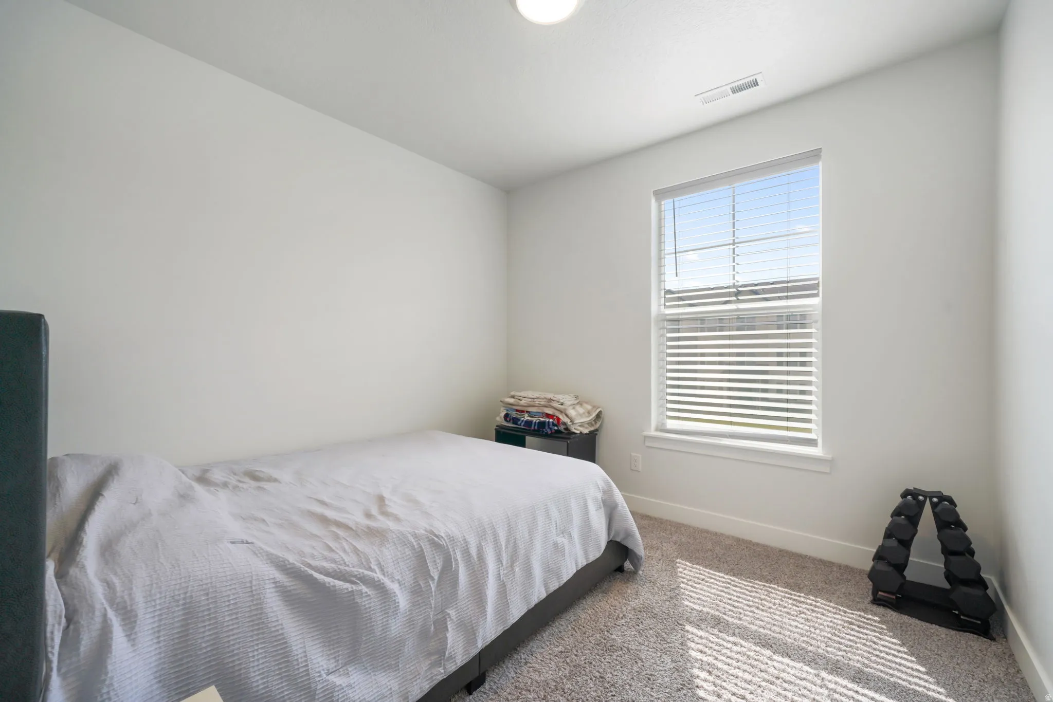 Carpeted room with a single window, white walls, and a ceiling-mounted light fixture