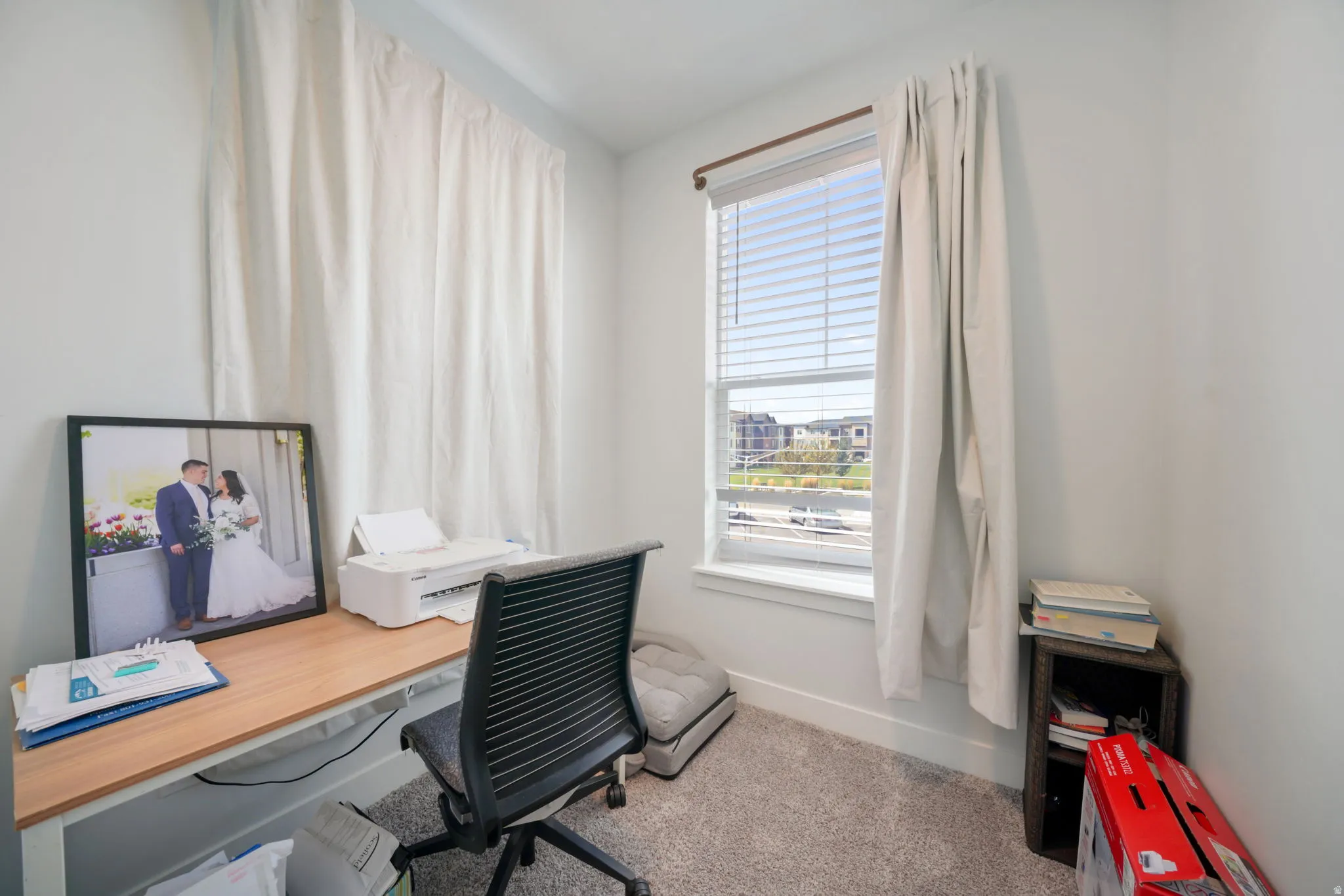 Neutral wall paint, window with blinds, and carpeting