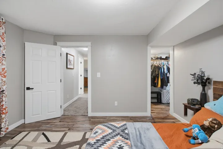 Wood-finish flooring with white trim, a recessed closet, and a hallway with neutral carpeting
