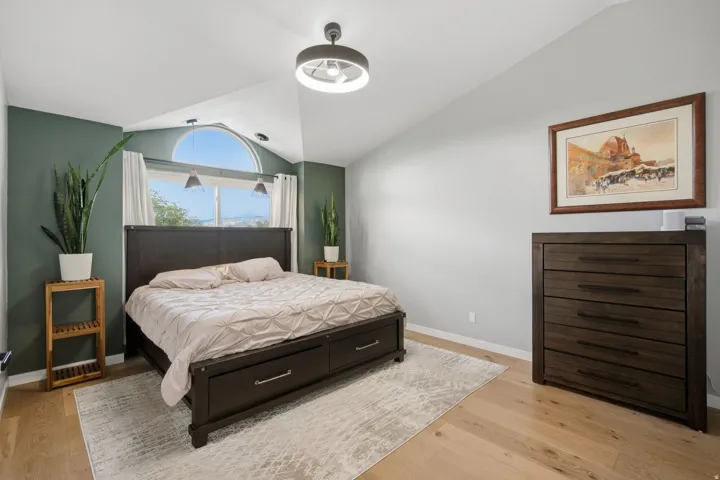 Vaulted ceiling with an arched window, light wood-finish flooring, and a contemporary ceiling light fixture