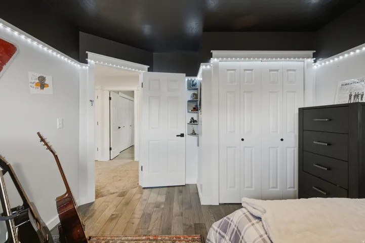 Wood-finish flooring, white paneled doors, and built-in closet storage