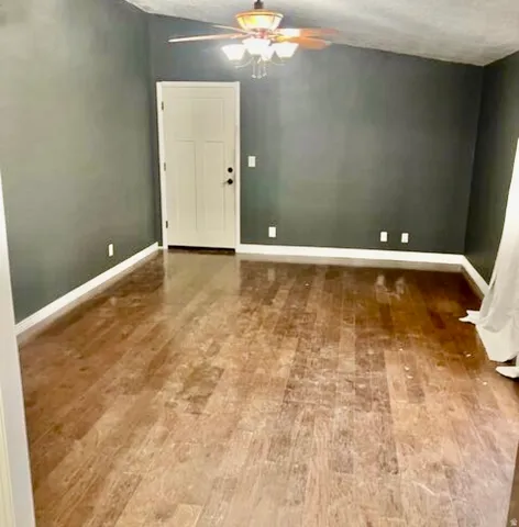 Wood-finish flooring, dark accent walls, white trim, ceiling fan light fixture, and a paneled door
