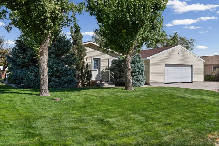 Exterior featuring tan siding, a two-car garage, mature trees, and a manicured lawn