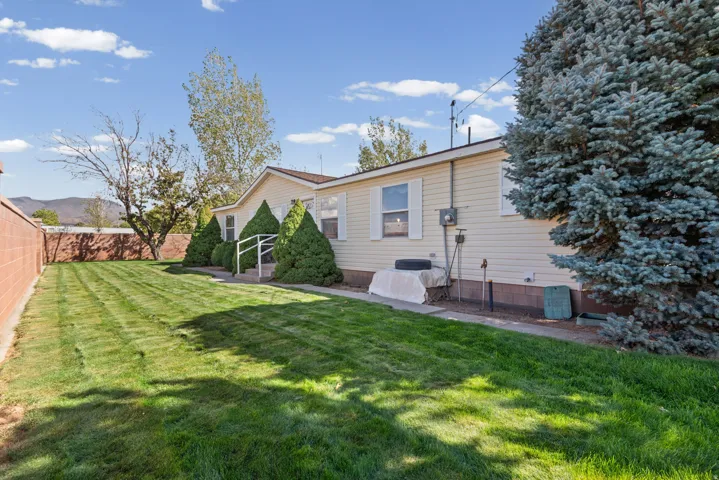 Expansive backyard featuring a manicured lawn, red brick perimeter wall, and mature evergreen plantings
