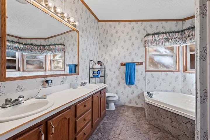 Dual vanity with wood cabinetry and undermount sinks