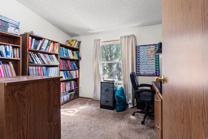 Vaulted ceiling, wood-finish shelving, carpet flooring, and a window with exterior views