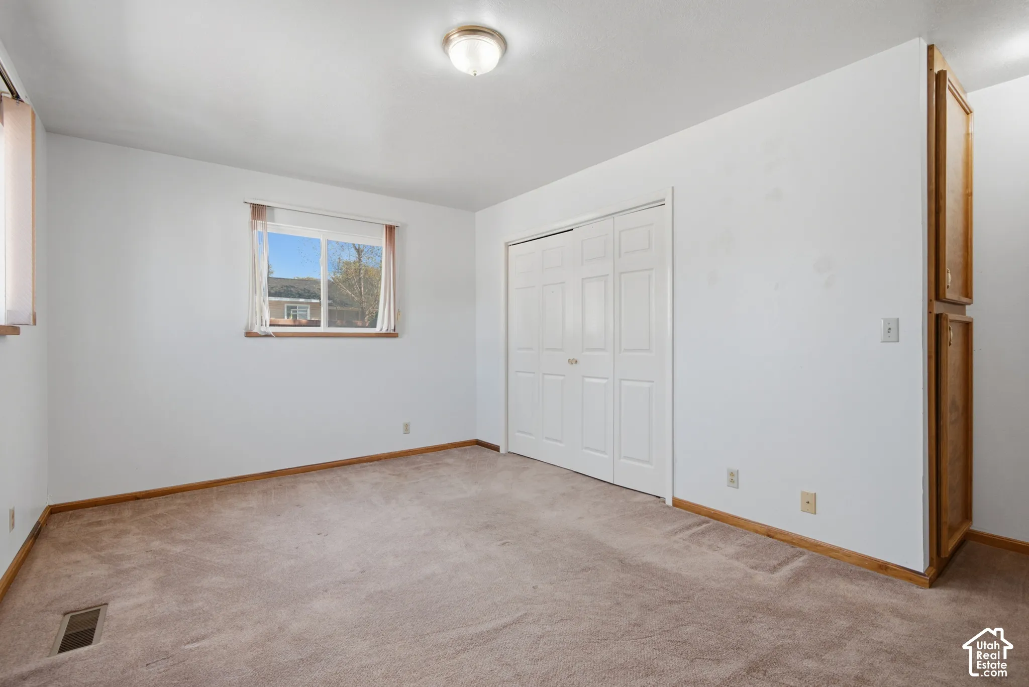 Neutral wall finishes, carpeted flooring, built-in closet, and an overhead light fixture