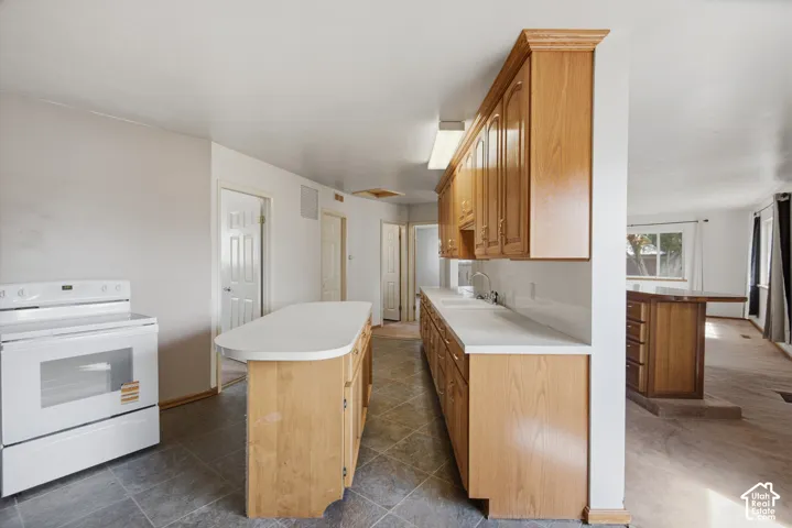 Kitchen featuring wood cabinetry, white countertops, a center island, and a built-in range