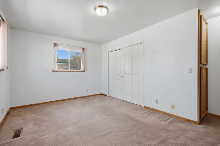 Neutral wall finishes, carpeted flooring, built-in closet, and an overhead light fixture