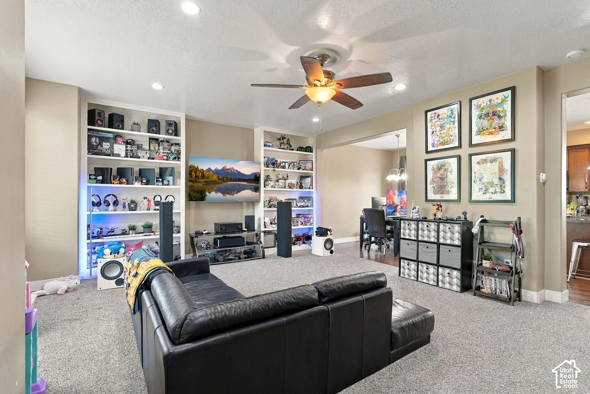Recessed lighting, ceiling fan, and carpeted flooring