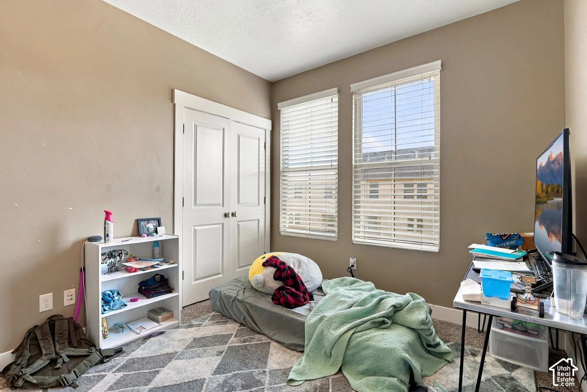 Two large windows with blinds, a built-in closet with bifold doors, and neutral wall paint