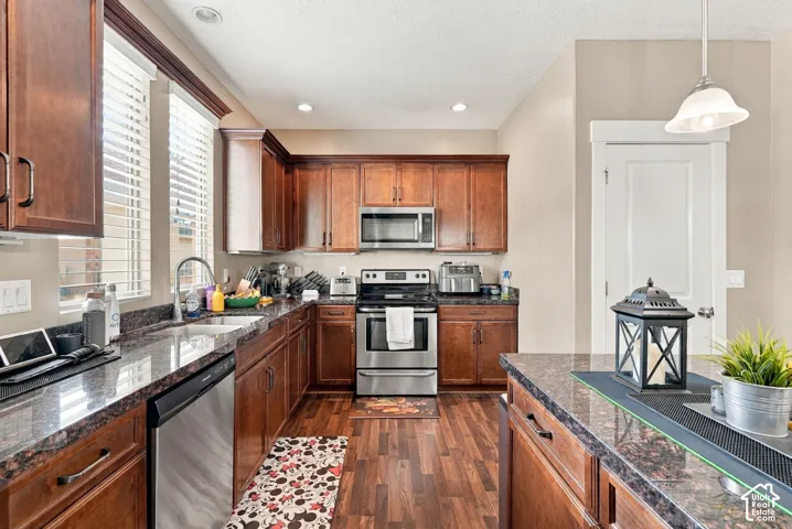 Kitchen featuring rich wood cabinetry, stainless steel appliances, dark granite countertops, and wood-finish flooring