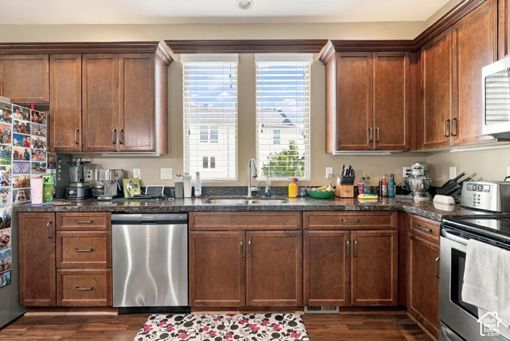 Warm wood-finish cabinetry with crown molding, stainless steel dishwasher, dark stone-finish countertops, and an undermount sink