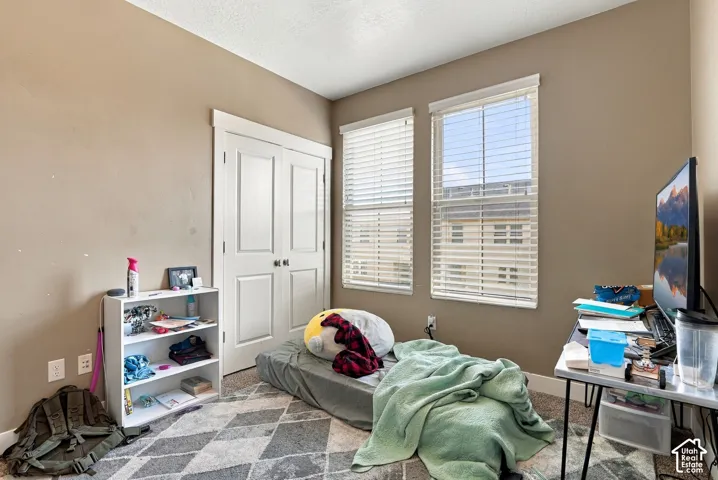 Two large windows with blinds, a built-in closet with bifold doors, and neutral wall paint