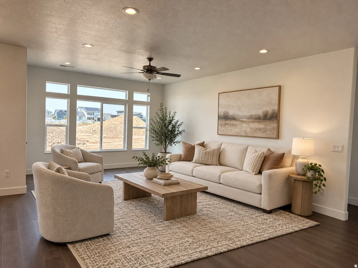 Recessed lighting, dark wood-finish flooring, ceiling fan, expansive windows, and light-toned walls