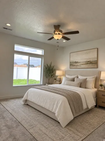 Recessed lighting, ceiling fan with light fixture, large window, and light-colored carpeting