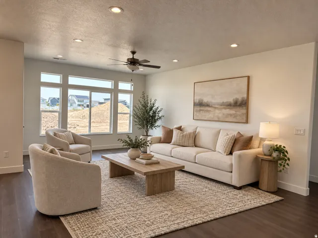 Recessed lighting, dark wood-finish flooring, ceiling fan, expansive windows, and light-toned walls