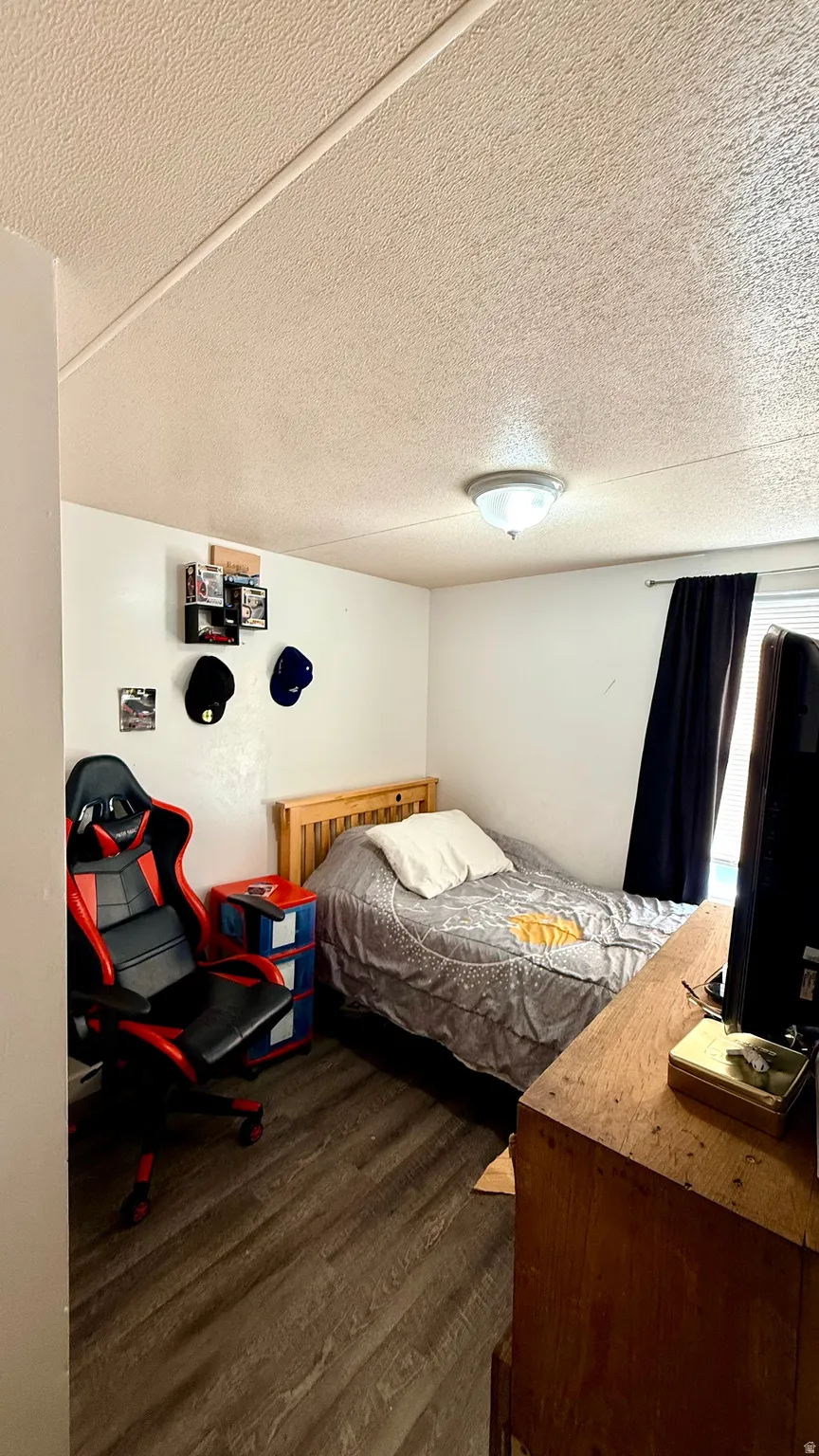 Wood-finish flooring with a natural grain pattern, textured ceiling, and a flush-mount ceiling light fixture