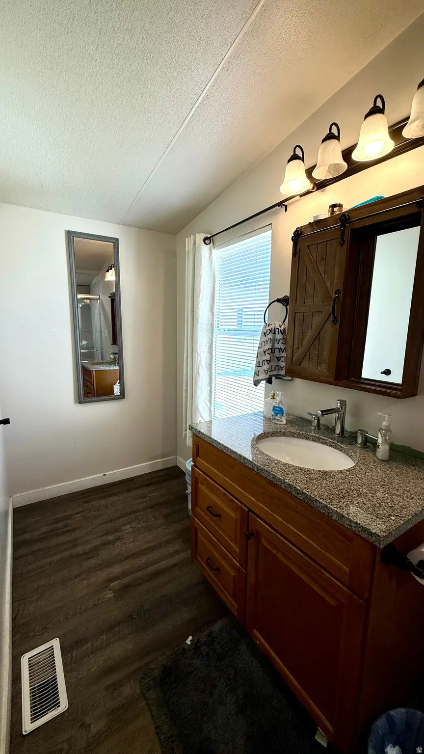 Wood-finish flooring, single vanity with a granite-style countertop, oval undermount sink, and a rustic barn door style medicine cabinet. Master Bathroom