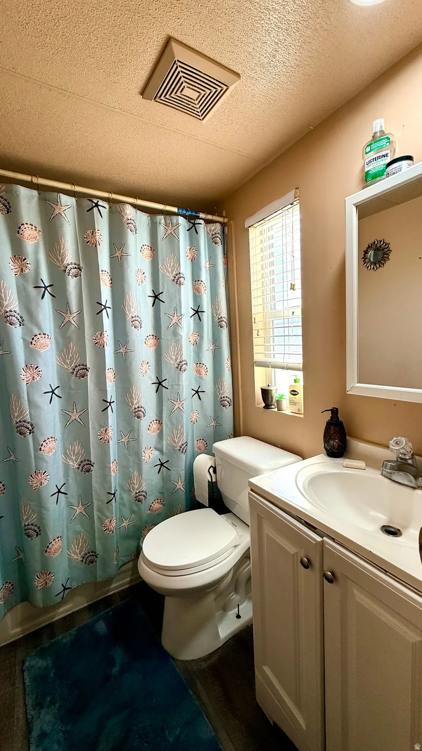Bathroom featuring a white vanity with integrated sink, white toilet, and dark wood-finish flooring