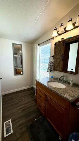 Wood-finish flooring, single vanity with a granite-style countertop, oval undermount sink, and a rustic barn door style medicine cabinet. Master Bathroom