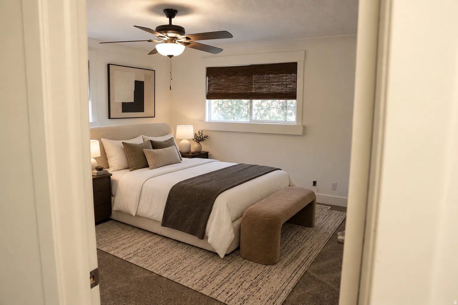 Recessed window with natural woven shades, ceiling fan with integrated lighting, and white trim