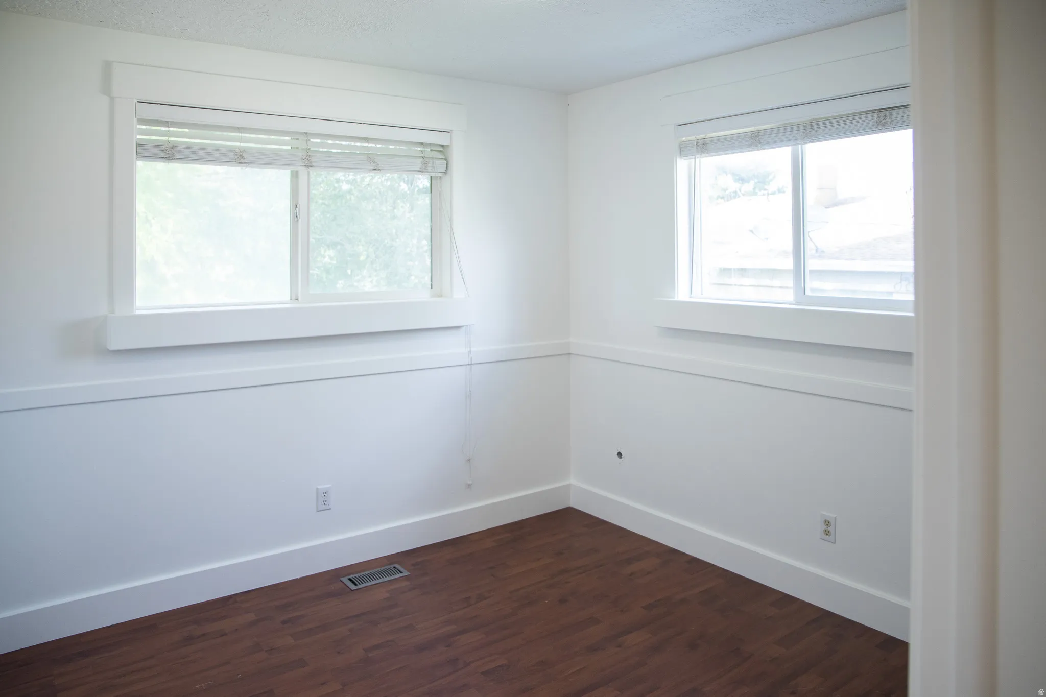 Wood-finish flooring, white walls, and two windows with white trim
