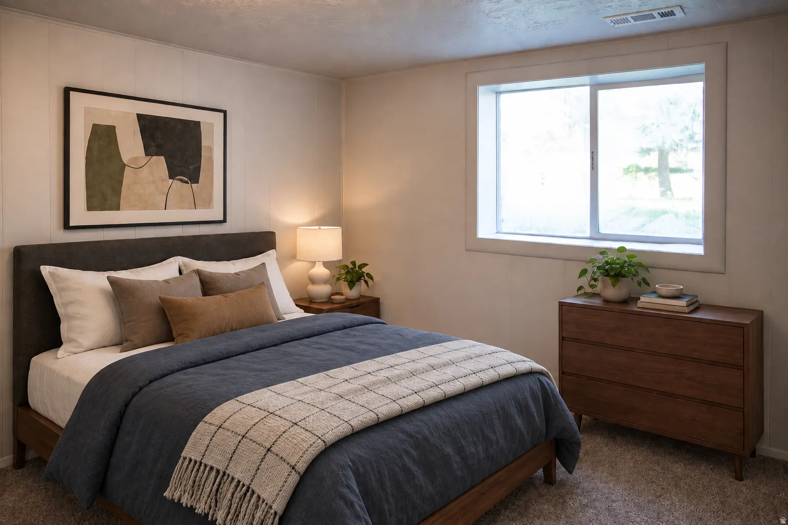 Carpeted room with a sliding window and a dark wood-finish dresser