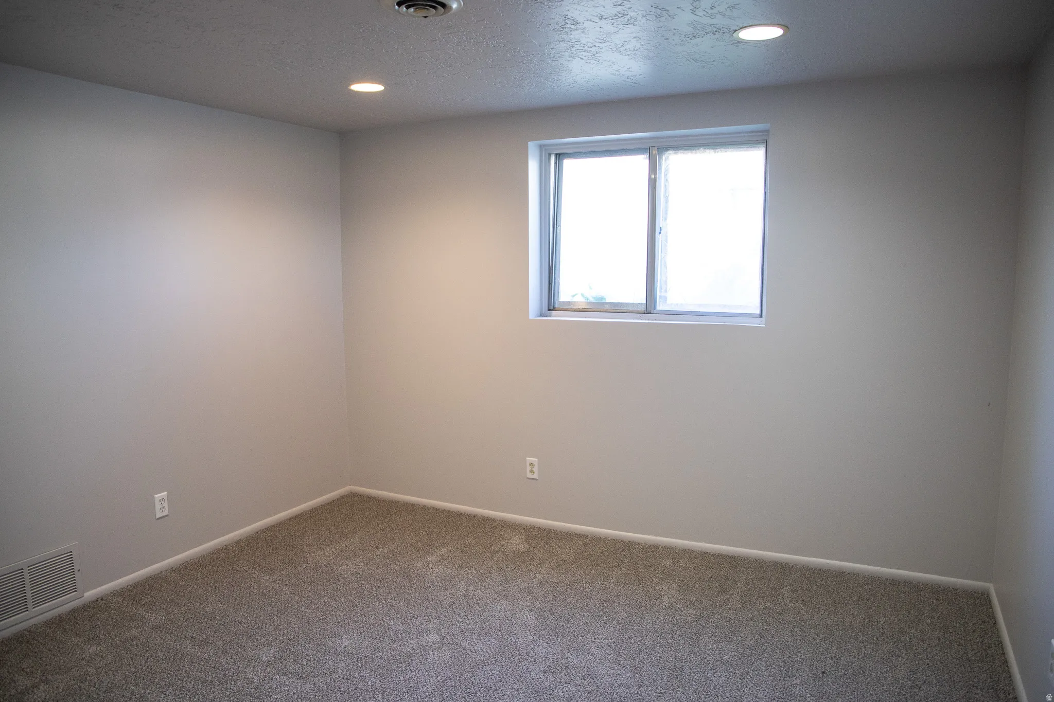 Neutral wall finishes, recessed lighting, double-pane window, and textured carpeting