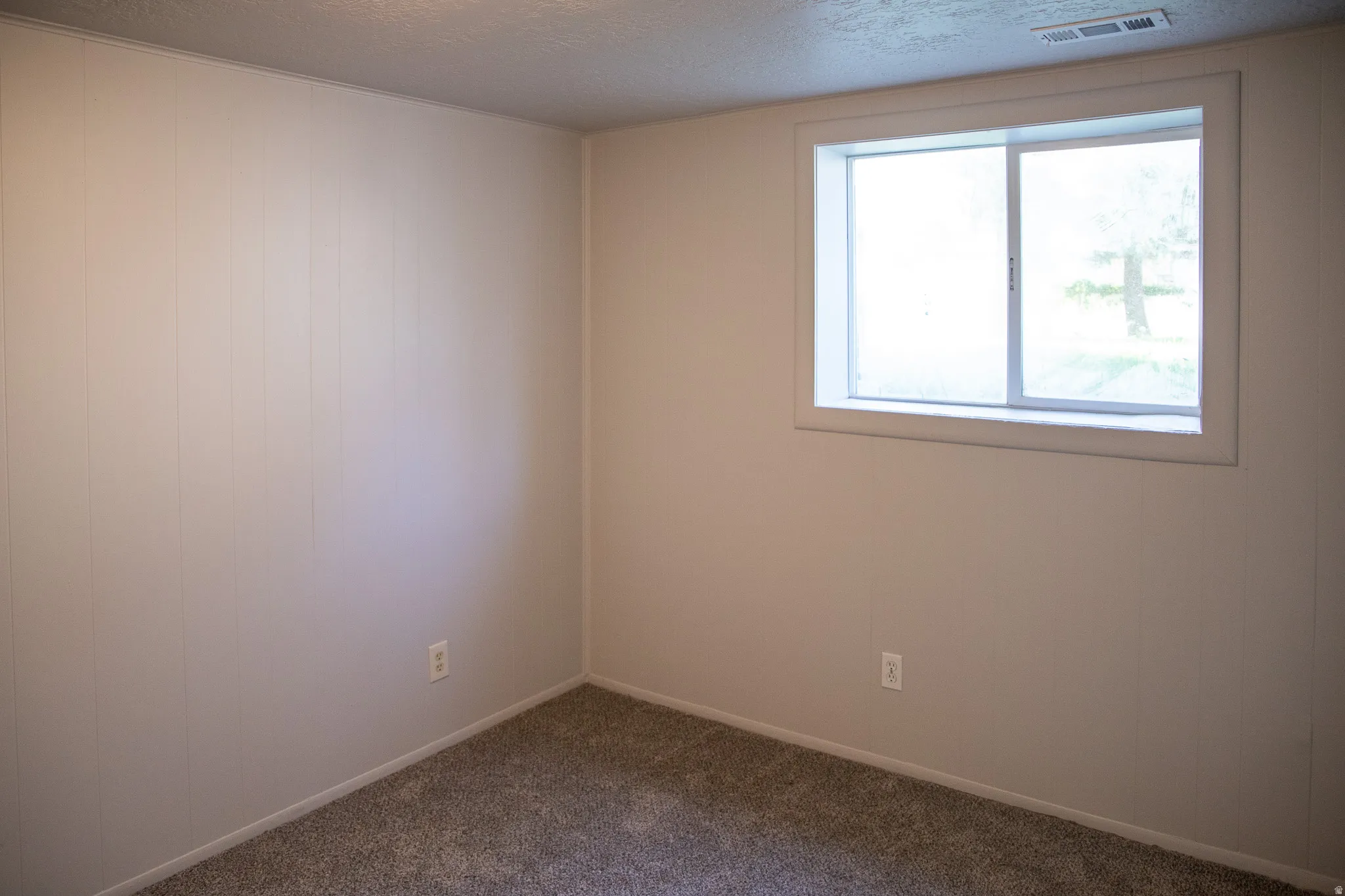 Wall-to-wall carpeting with light-toned walls, and a sliding window with white trim