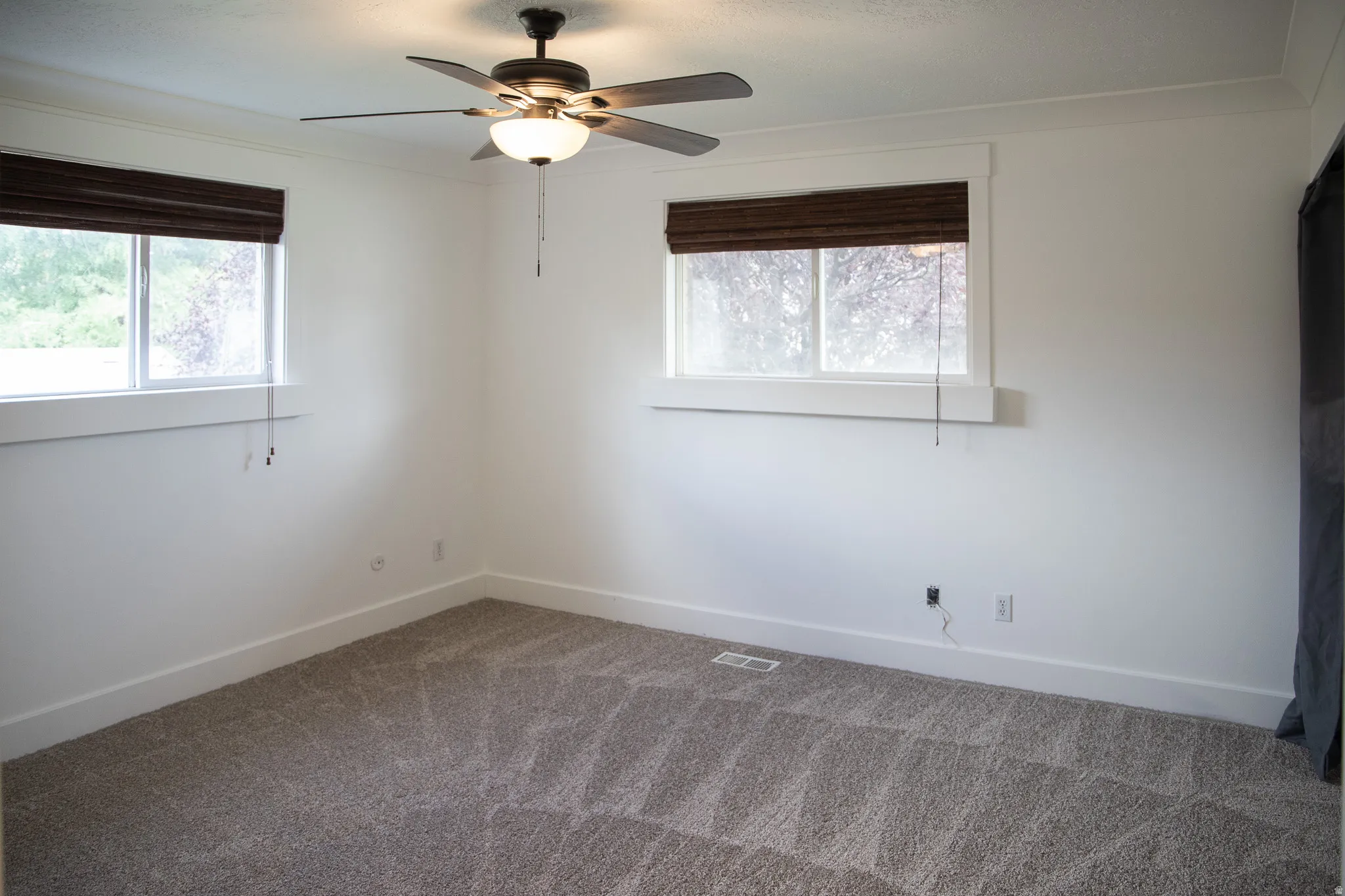 Recessed ceiling fan with integrated lighting, dual windows with wood-finish blinds, plush carpeting, and crisp white walls