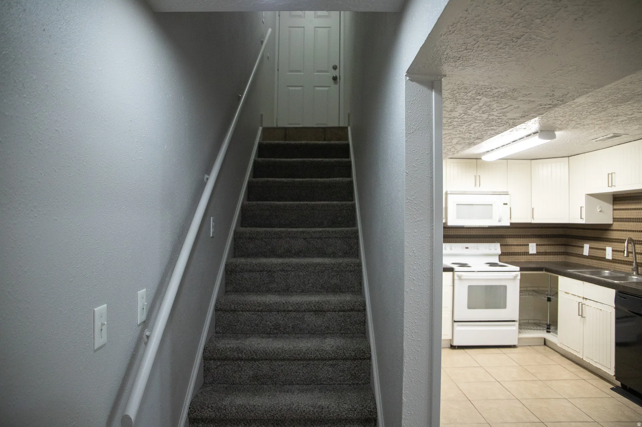 Carpeted staircase with handrail, leading to a white door