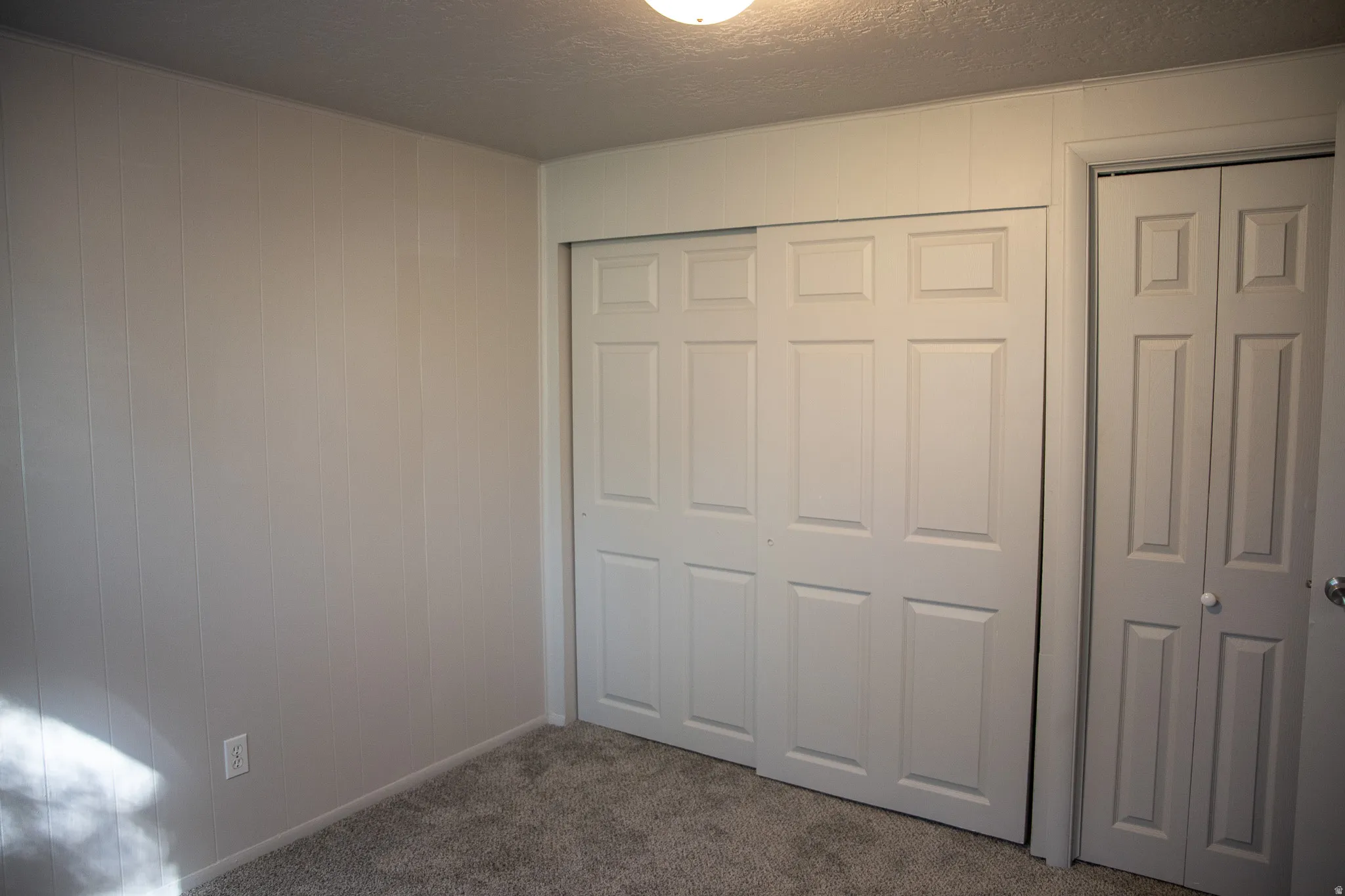 Gray paneled walls, gray carpet, paneled closet doors, and a ceiling-mounted light fixture