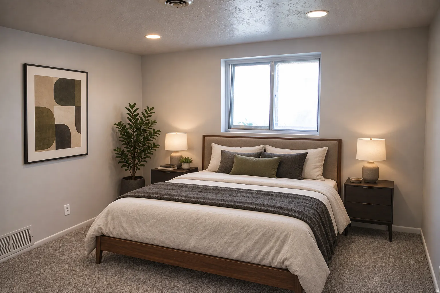 Recessed lighting, window with light-filtering blinds, wood-finish bed frame, carpet flooring, neutral paint palette