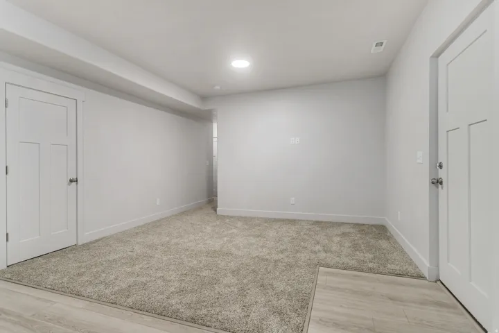 Carpeted living area with recessed lighting, light gray wall paint, and wood-finish flooring